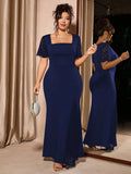 Plus Size Women Evening Dress Square Neck Lace Short Sleeve Maxi Dress Elegant Bodycon Long Party Dress Formal Wedding Guest Gow