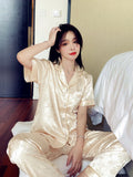 2 Pieces Faux Silk Satin Pajamas Set Summer Autumn Women Sleepwear Short Sleeve Nightwear Comfortable Skin-friendly Sleepsuits