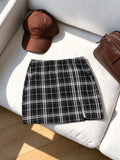 Women Elastic Waist Checkered Split Hem Mini Skirt Slim Fit Y2K Sexy Xmas Party Vintage Preppy Skirt