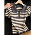 Striped Knit Blouse Quarter Button Short Sleeve Peter-Pan Collared Shirt Tops Women Summer Tops Sporty Wear Tennis Core