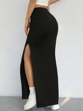 Elegant Spring-Fall Bodycon Skirt Chic High Split, Solid Color Durable Knit Fabric Flattering & Easy Care Women's Fashion