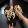 Women Cross Band Leopard Print Slippers Indoor Home Furry Slides Adults Fuzzy Open Toe Soft Sole Non Slip Warm Sandals