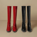 Knee High Boots Autumn New Square Toe Metal Head Guard Patent Leather Back Zip Non-Slip Block Heel Thigh Boots