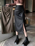Women's Pleated Slit Midi Skirt 2026 High Waist PU Leather Bodycon Pencil Skirt Elegant Chic Sheath Skirt for Office Daily Wear