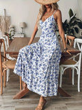 2026Women Floral Spaghetti Strap Maxi Dress V Neck Back Bow Tiered Ruffle Sundress Bohemian Summer Beach Casual Dress