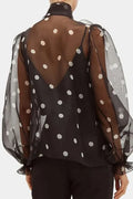 Women's Polka Dot Blouse Bow Neck Puff Sleeve Sheer Mesh See Through Vintage Office Lady Autumn Tops Elegant Shirt