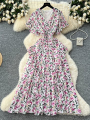 French Floral Printed Dress Women Sexy Cross V-neck Short Sleeved Vintage Long Dresses Ladies Ruffled Beach Long Robe Vestidos