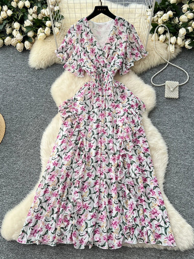 French Floral Printed Dress Women Sexy Cross V-neck Short Sleeved Vintage Long Dresses Ladies Ruffled Beach Long Robe Vestidos