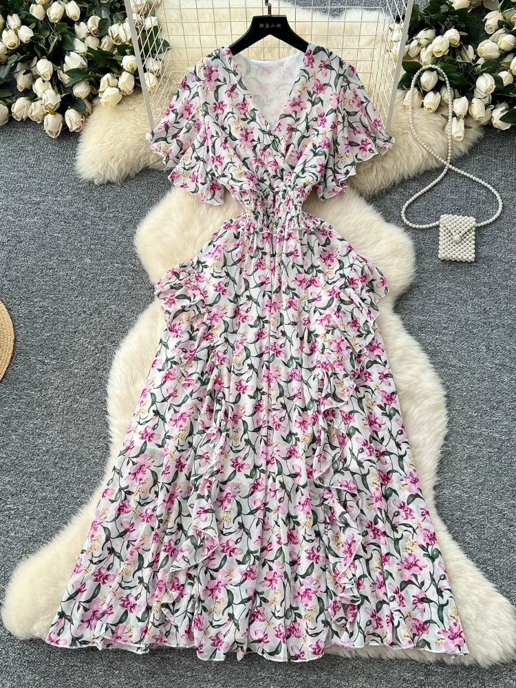 French Floral Printed Dress Women Sexy Cross V-neck Short Sleeved Vintage Long Dresses Ladies Ruffled Beach Long Robe Vestidos