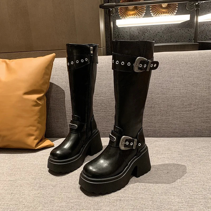 Women Boots 9cm Height Increasing Thick Soled Boot Fashion Belt Buckl Thick Heel Knight Boots Women Knee-high Slim Leather Boots