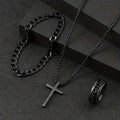 Hip Hop Fashion Cross Pendant Necklace Bracelet Chain Ring Men's Set Simple Personality Party Three Piece Jewelry Accessories