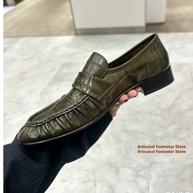 Loafers Flats Olive Green Wrinkled Leather Loafers Slip On Low Heel Casual Shoes Vintage Soft Leather Casual Dress Flats Trendy Men's Shoes