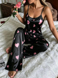 2Pcs Women Sleepwear Set Heart Print Camisole Top with Long Pants Set Fashion Spaghetti Strap Pajama For Women Home Outfit