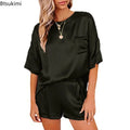 2PCS/Set 2026 Spring and Summer Women Pajamas O-neck Solid Soft Simulation Silk Homewear Short-Sleeved Casual Ladies Loungewear