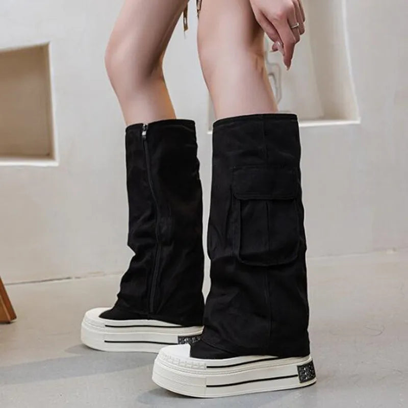 2026 Fashion 12cm Denim Cnvas Fall Winter Knee High Boots Versatile Platform Heightened Vintage Trouser Heel Boots Women Shoes