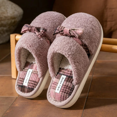 Winter Warm Plush Slippers for Women Men Plaid Bowknot Design Thick Sole House Shoes Indoor Fuzzy Casual Cute Couple Slides