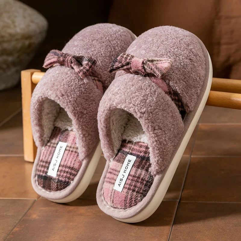 Winter Warm Plush Slippers for Women Men Plaid Bowknot Design Thick Sole House Shoes Indoor Fuzzy Casual Cute Couple Slides