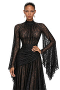 Women High Neck Sheer Floral Lace Maxi Evening Dress Elegant Flare Bell Long Sleeve Formal Gown Wedding Guest Banquet Party