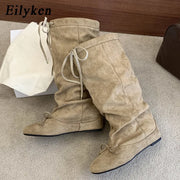 Eilyken Autumn Winter Fashion Butterfly-kont Women Knee-High Boots Vintage Style Cross-strap Round Toe Low Flat Heels Shoes