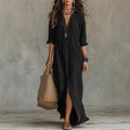 Women Dresses 2026 Spring/Summer Casual Solid Color Lapel Front Slit Long Dress Women's Clothing Vestidoes