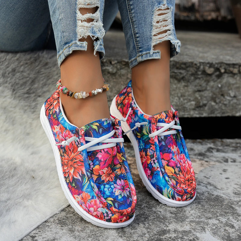 Women's Shoes, Casual Sports Shoes for Ladies, Fashionable Canvas Printed Low-Top Lace-Up, One-Step Lazy Shoes