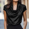 Women Satin Cowl Neck Blouse Cap Short Sleeve Solid Color Elegant Office Lady Shirt Tops