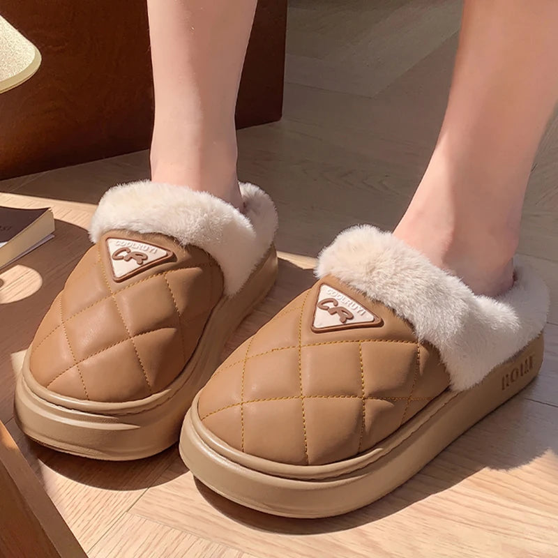 Fashion Pu Leather Platform Cotton Slippers Women Men 2026 Winter Soft Thick Sole Plush Home Slippers Thicken Warm Bread Slides