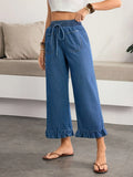 Plus Size Women's Blue Jeans, Elastic Waist with Drawstring, Flounce Hem, Loose Fit, Comfortable and Stylish Denim Jeans