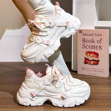 Women's Kawaii Heart Decor Chunky Platform Sneakers Colorblock Dad Shoes Breathable Mesh Lace-Up Height Increasing Shoes Size 40
