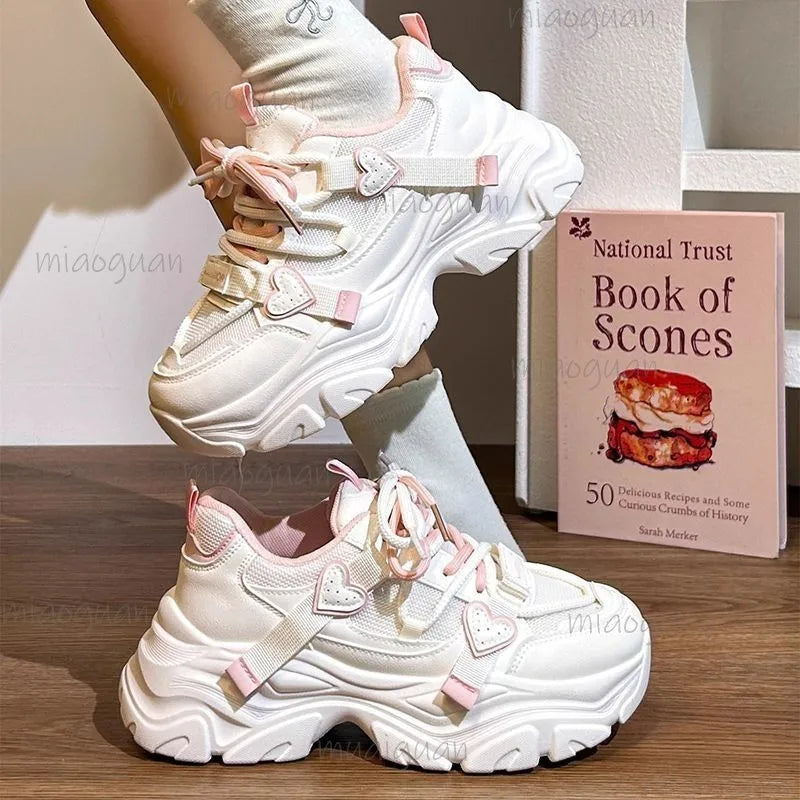 Women's Kawaii Heart Decor Chunky Platform Sneakers Colorblock Dad Shoes Breathable Mesh Lace-Up Height Increasing Shoes Size 40