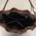 Korean Style Leopard Shoulder Bag for Women New Niche Tassel Faux Suede Bucket Bag Casual Lightweight Drawstring Crossbody Bag