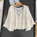 Flared Sleeve Crochet Top Hollow-out Openwork Pullover Women Guipure Lace Blouse Spring Summer French Chic Festival Boho