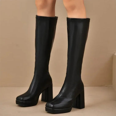 Plus Size High Heels Boots for Women Square Heeled Chunky Platform Knee-High Boots Woman 2025 Winter Thick Sole Square Toe Boots