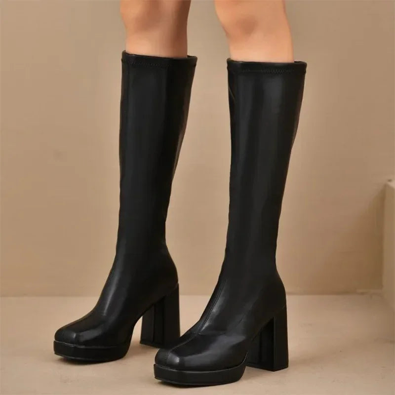 Plus Size High Heels Boots for Women Square Heeled Chunky Platform Knee-High Boots Woman 2025 Winter Thick Sole Square Toe Boots