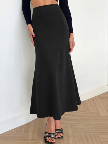 Women High Waist Elastic Maxi Skirt Solid Color A‑Line Flowy Long Skirt Casual Office Daily Wear Soft Knit Swing Bottoms