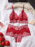 Summer Sexy Hot Women's Lingerie 2pce Open-crotch Pants And Open-tip Bra Vest Adult Underwear Transparent Flower Lace Bras Set