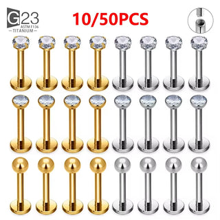 10Pc/50Pc G23 Ttianium Labret Ear Lip Stud Jewelry Square CZ Stone Cartilage Tragus Earring Tongue Studs Threaded Body Jewelry