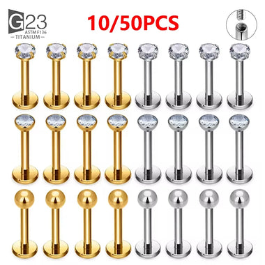 10Pc/50Pc G23 Ttianium Labret Ear Lip Stud Jewelry Square CZ Stone Cartilage Tragus Earring Tongue Studs Threaded Body Jewelry