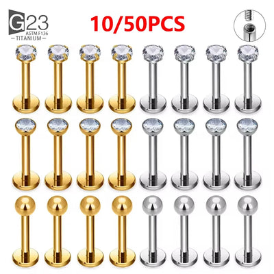 10Pc/50Pc G23 Ttianium Labret Ear Lip Stud Jewelry Square CZ Stone Cartilage Tragus Earring Tongue Studs Threaded Body Jewelry