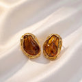 1 Set Vintage Amber Tone Jewelry Set, Irregular Resin Pendant Necklace Earrings Ring, Gold Plated Retro Statement Jewelry