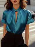 Chic Keyhole Neck Women's Blouse Korean Simple Solid Short Sleeved Elegant Satin Tops Summer  Office Lady Shirts