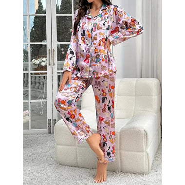 Autumn Winter Women Pajamas Satin Pijamas Long Sleeve Long Pants Sleepwear Cat Print Thin Pajama for Woman Silk Nightwear