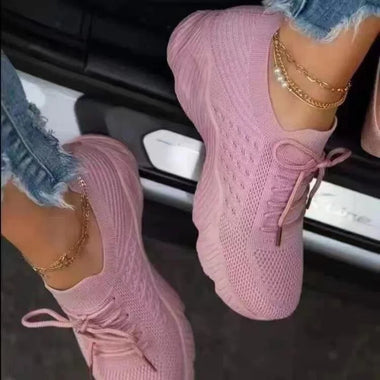 Women's Breathable Casual Sock Sneakers Lace Up Ladies Flats 2026 Spring Autumn Knit Upper Platform Walking Shoes Size 36‑43