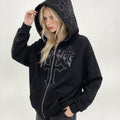 Oversized Full Zip Hoodie Rhinestone Cross Spider Web Gothic Streetwear For Men Women
