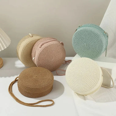 Women Minimalist Round Straw Crossbody Shoulder Vacation Handbag