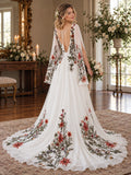 Boho Floral Embroidered Chiffon Wedding Dress for Brides Long Sleeve Deep V Neck Backless A Line Bridal Gown with Train