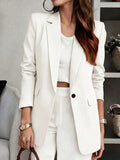 Women Single Button Blazer Long Sleeve Notched Lapel Solid Color Casual Office Suit Jacket