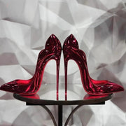 Electric Red Laser High Heels, Pointed Toe Wavy Edge Shallow Cut, 12cm French Style Sexy Women Shoes, Size 33-46