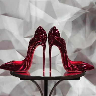 Electric Red Laser High Heels, Pointed Toe Wavy Edge Shallow Cut, 12cm French Style Sexy Women Shoes, Size 33-46