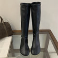 Aneikeh 2027 Fashion Women Black Stretch Sock Boots Round Toe Flat Sole Knee High Pull On Slim Fit Autumn Winter Footwear